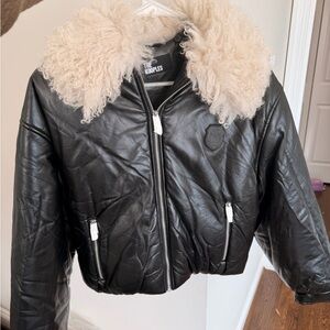 $715 NWT The Kooples Black Faux Leather Jacket with Cream Shearling Collar